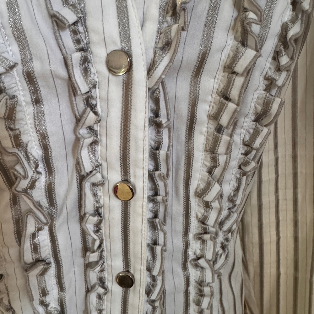 Cach’e Ivory and Silver Striped Ruffle Blouse - Picture 2 of 4